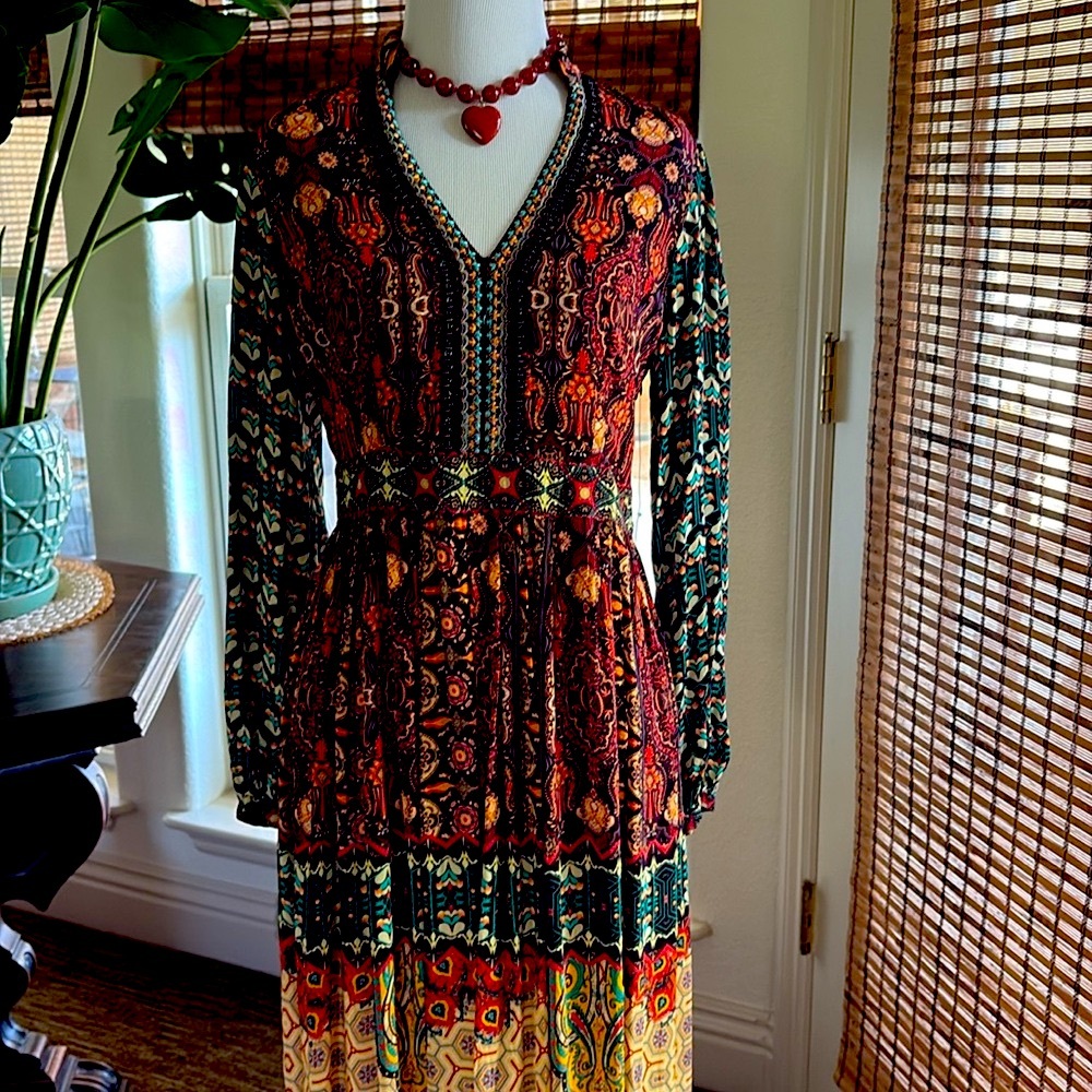 Anthropologie ( Bhanuni )flowy maxi gown. NWOT. Chest 16”, bodice to floor 38”